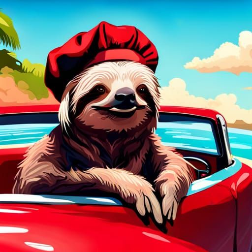 Sloth Chef Drives Convertible in Impressionist Style