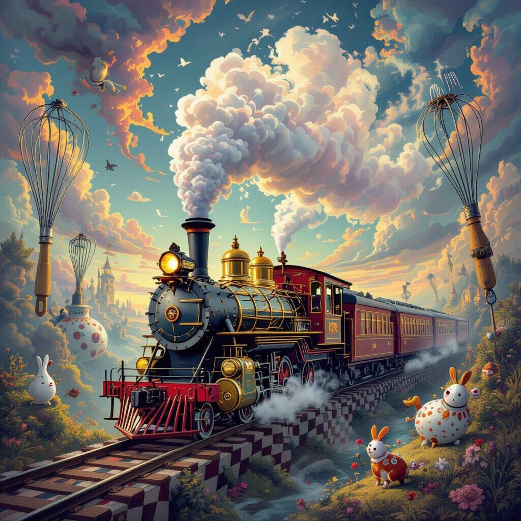Whimsical Teapot Train in Surreal Kitchen Utensil Landscape