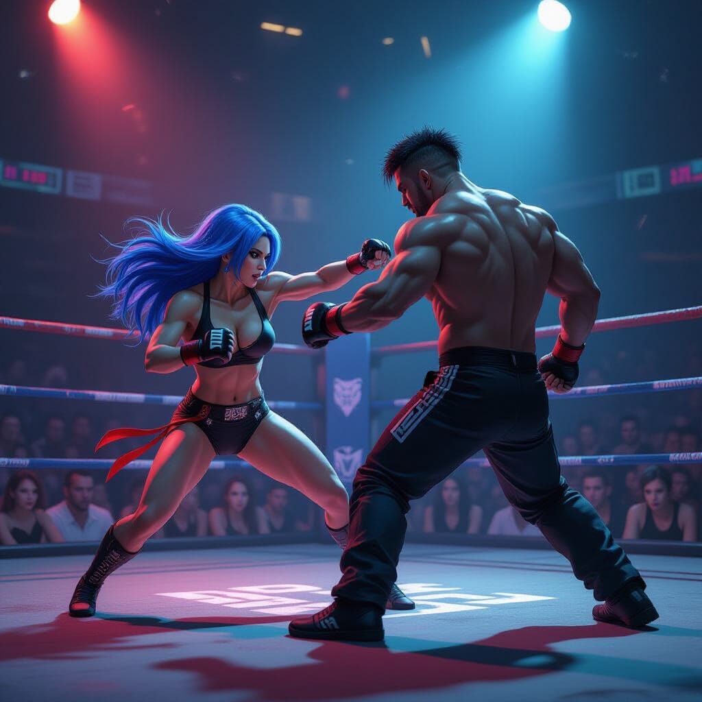 Vampire MMA Fighter with Blue Hair in Cyberpunk Arena