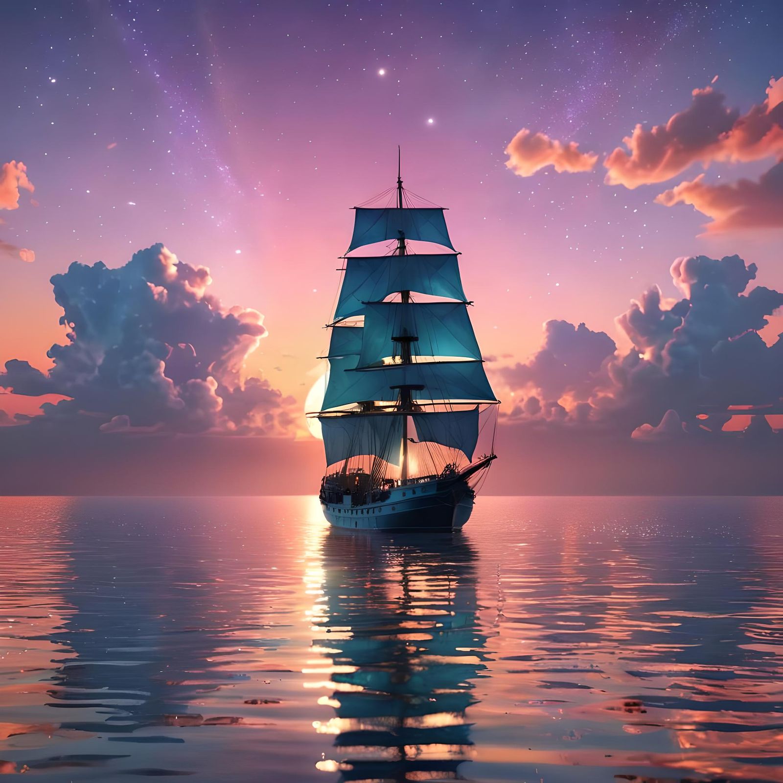 Ship Sails on Sparkling Sea in Holographic Pastel