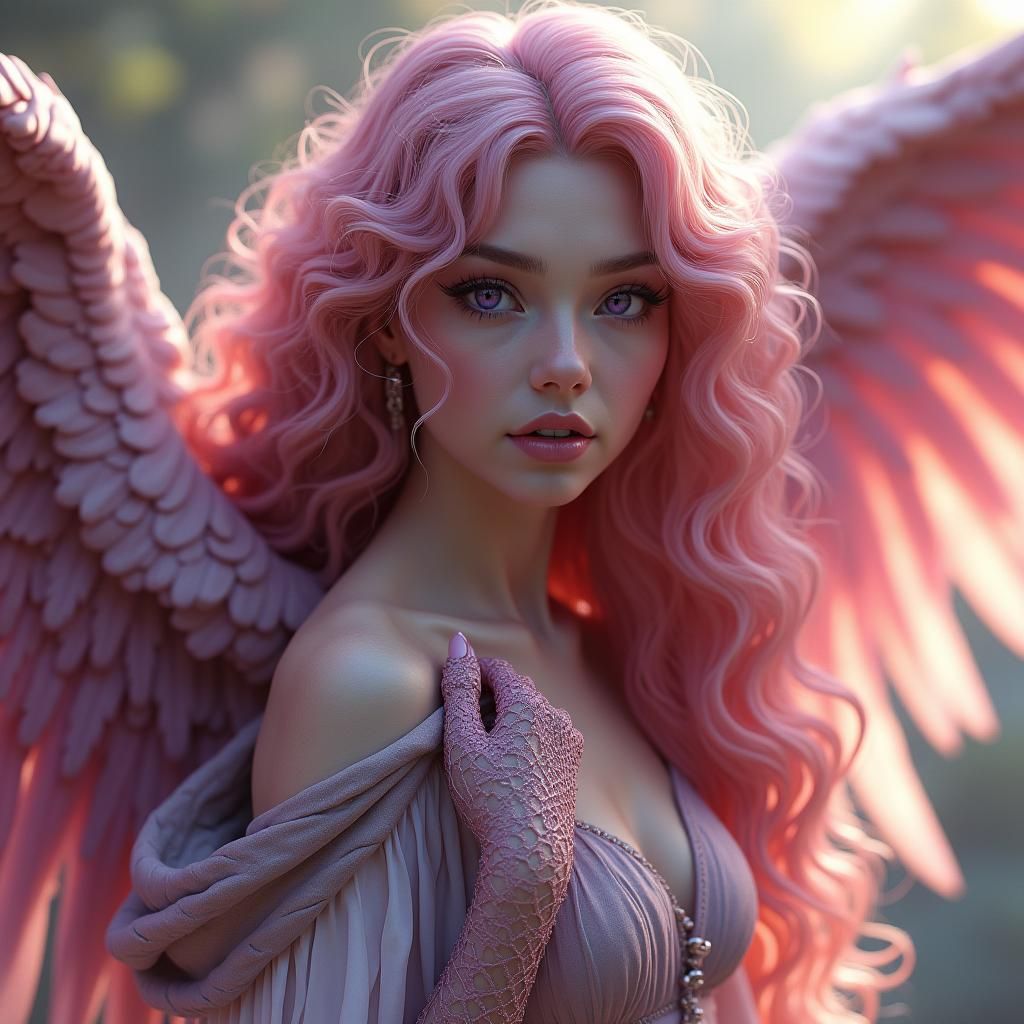 Fantasy Woman with Pink Hair and Bird Wings