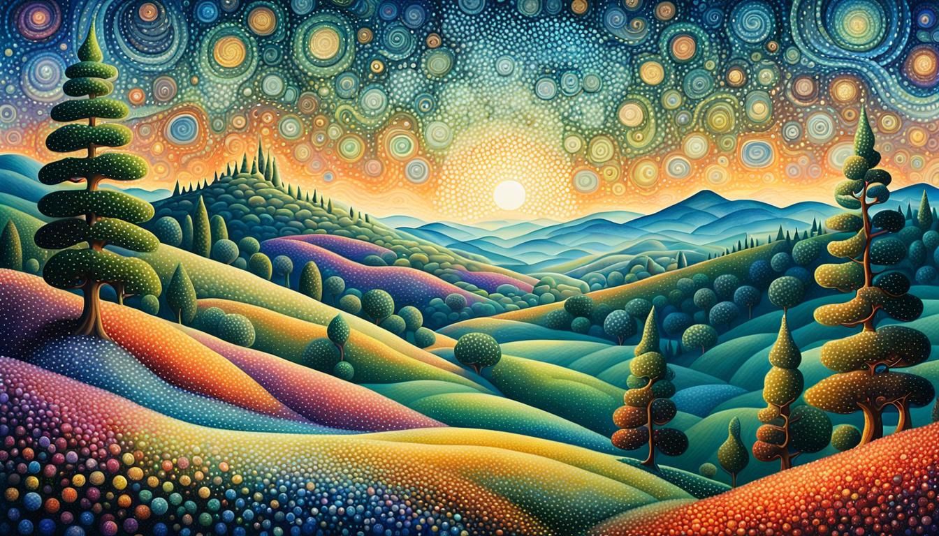 Vibrant Pointillist Fantasy Landscape in Surreal Style