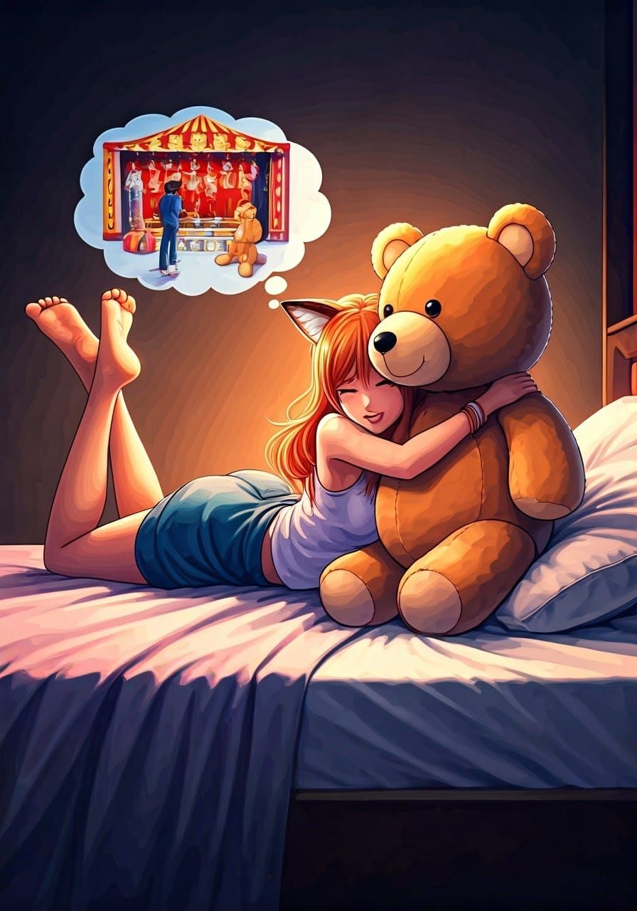 Anime Fox Hugging Teddy Bear in Digital Art Style