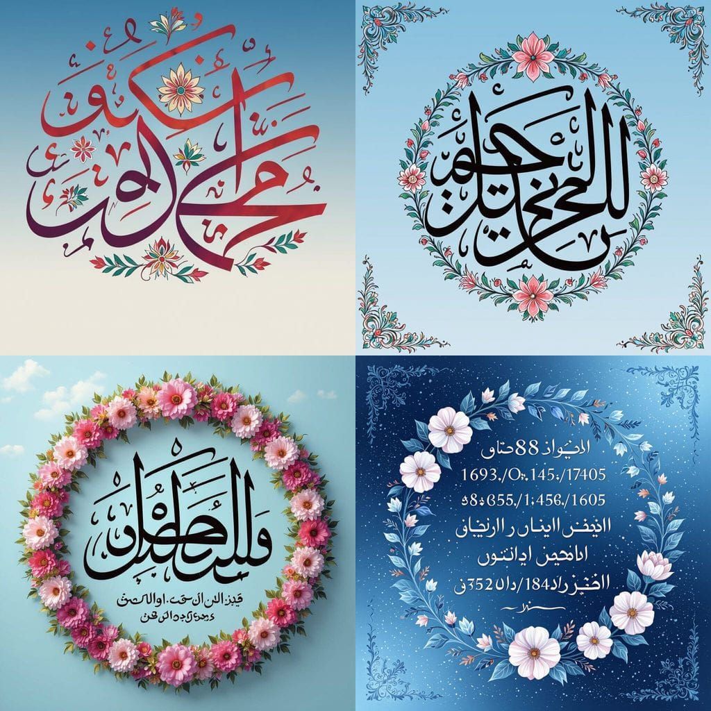 Islamic Greeting Written with Flowers on Sky Blue Background
