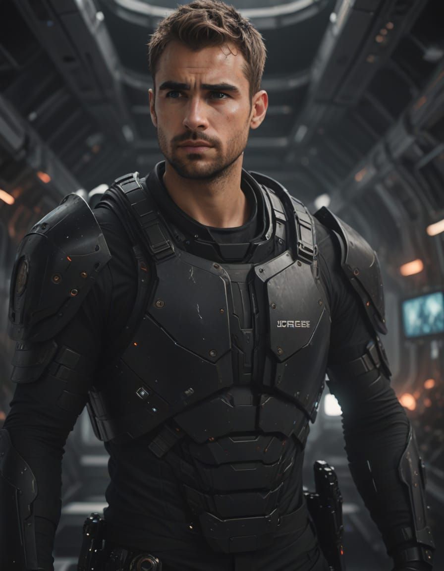 Theo James in Cyberpunk Space Armor on Futuristic Station