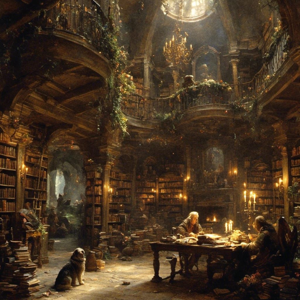 Cozy Fantasy Library in Light Fantasy Style