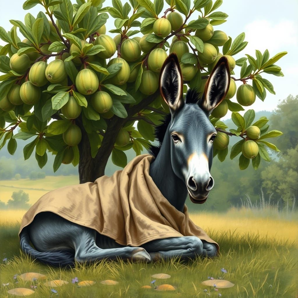 A Grey Donkey Naps Beneath a Lush Green Fig Tree