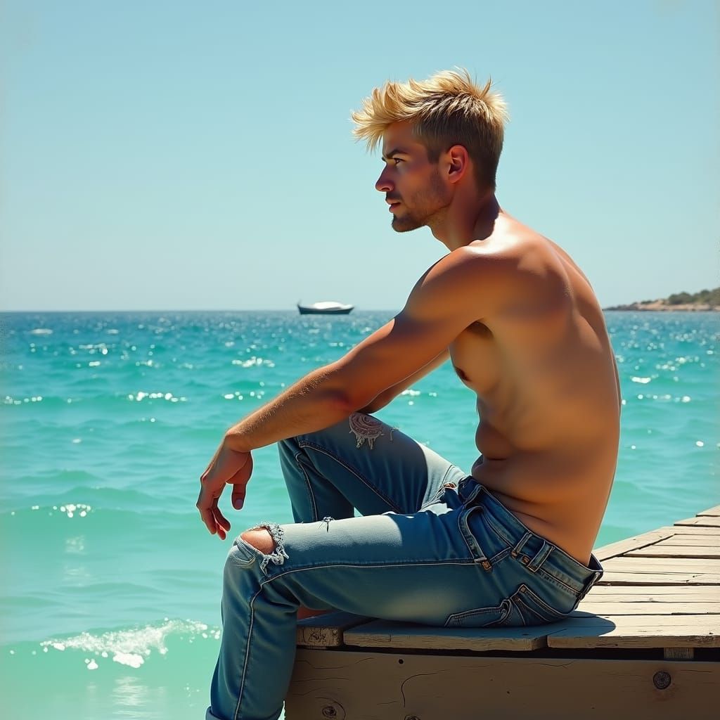 Handsome Blond Man on Pier, Realistic Painting