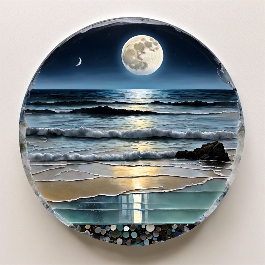 Glass Pier Under Moonlight: A Mixed Media Collage