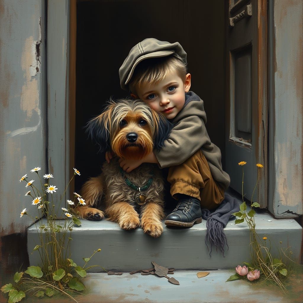 Boy and Dog in a Forgotten Corner, Oil Painting Style
