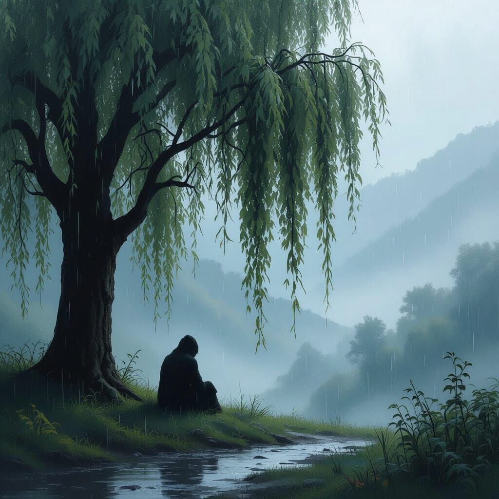 Melancholy Figure in Rainy Valley Painting