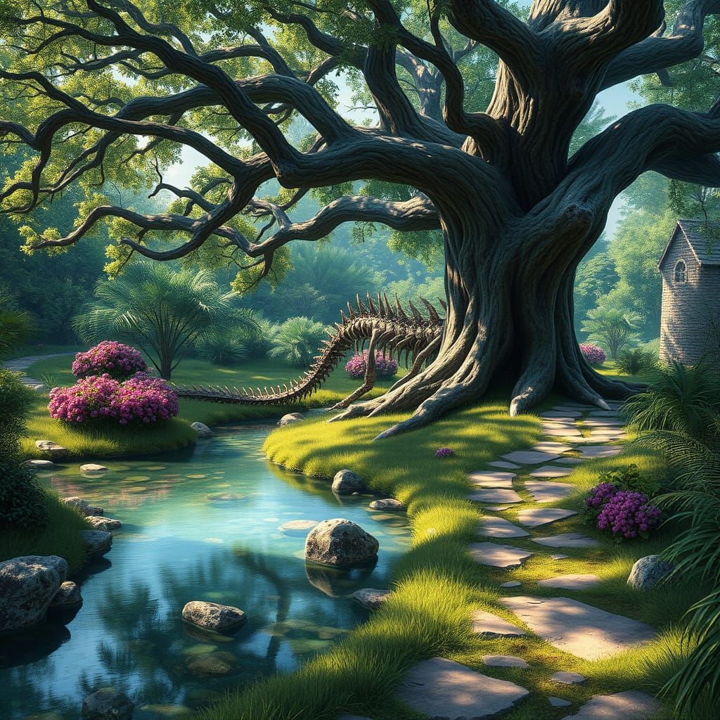 Serene Spring Oasis in Matte Painting Style with Deep Colors...
