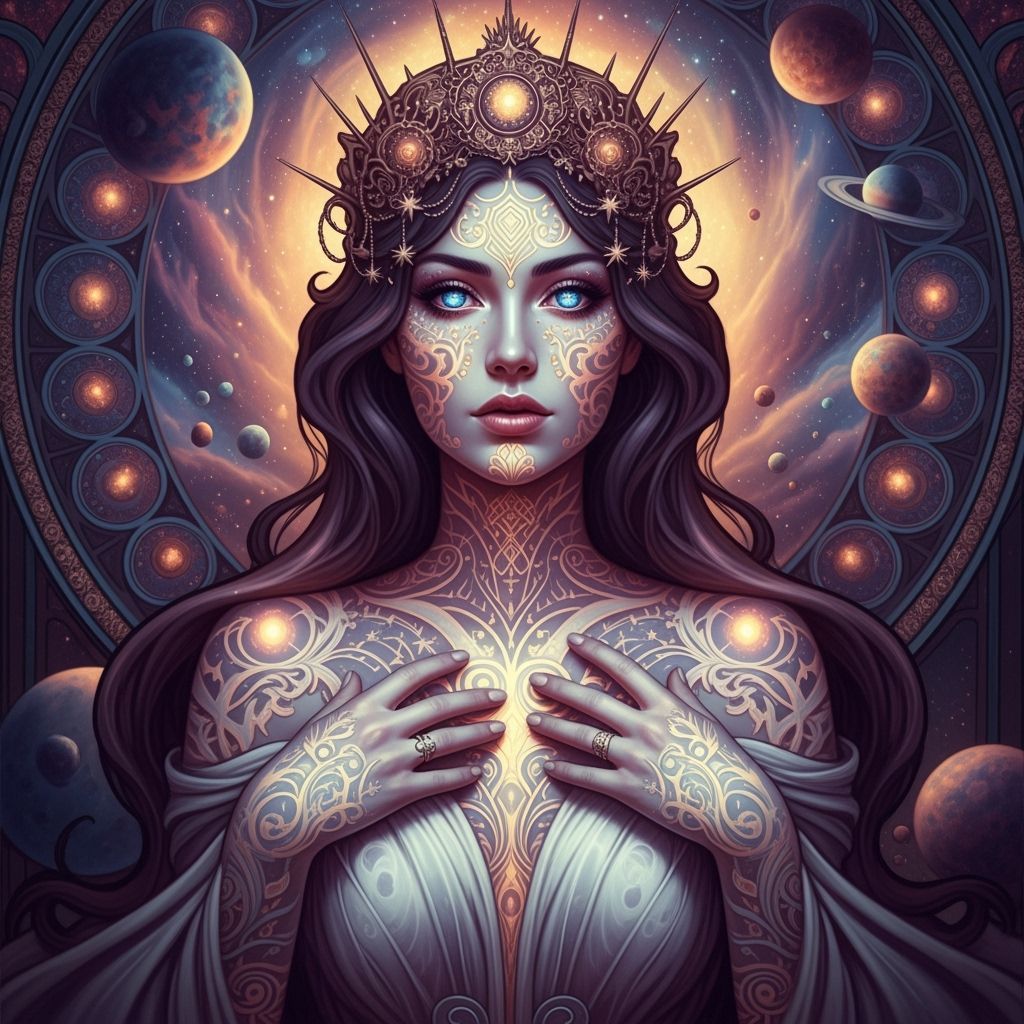 Ethereal Woman with Cosmic Tattoos in Art Nouveau Style