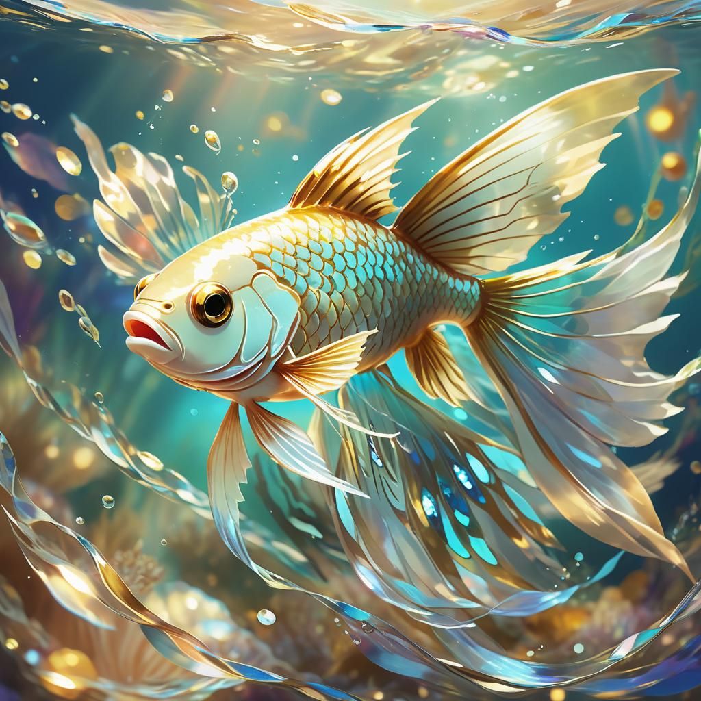 Anime-Style Fish with Wings in Shimmering Ocean