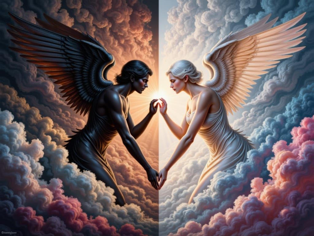 Ethereal Angels Reaching Through Dreamlike Clouds