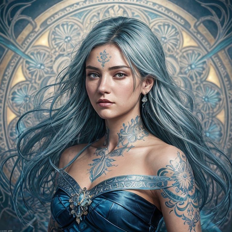 Latina Woman Portrait with Blue Hair, Digital Art