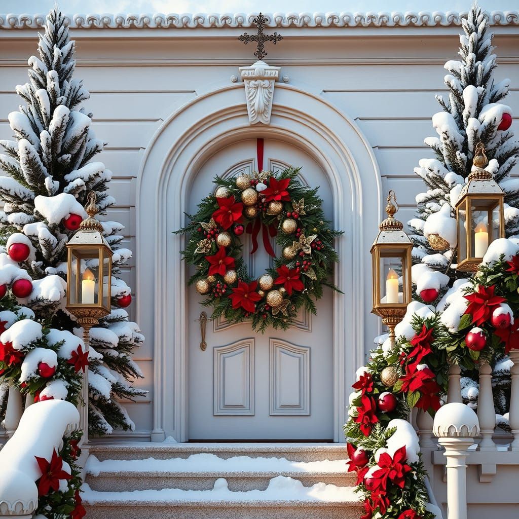 Warmly Inviting French Country Home Scene with Christmas Dec...