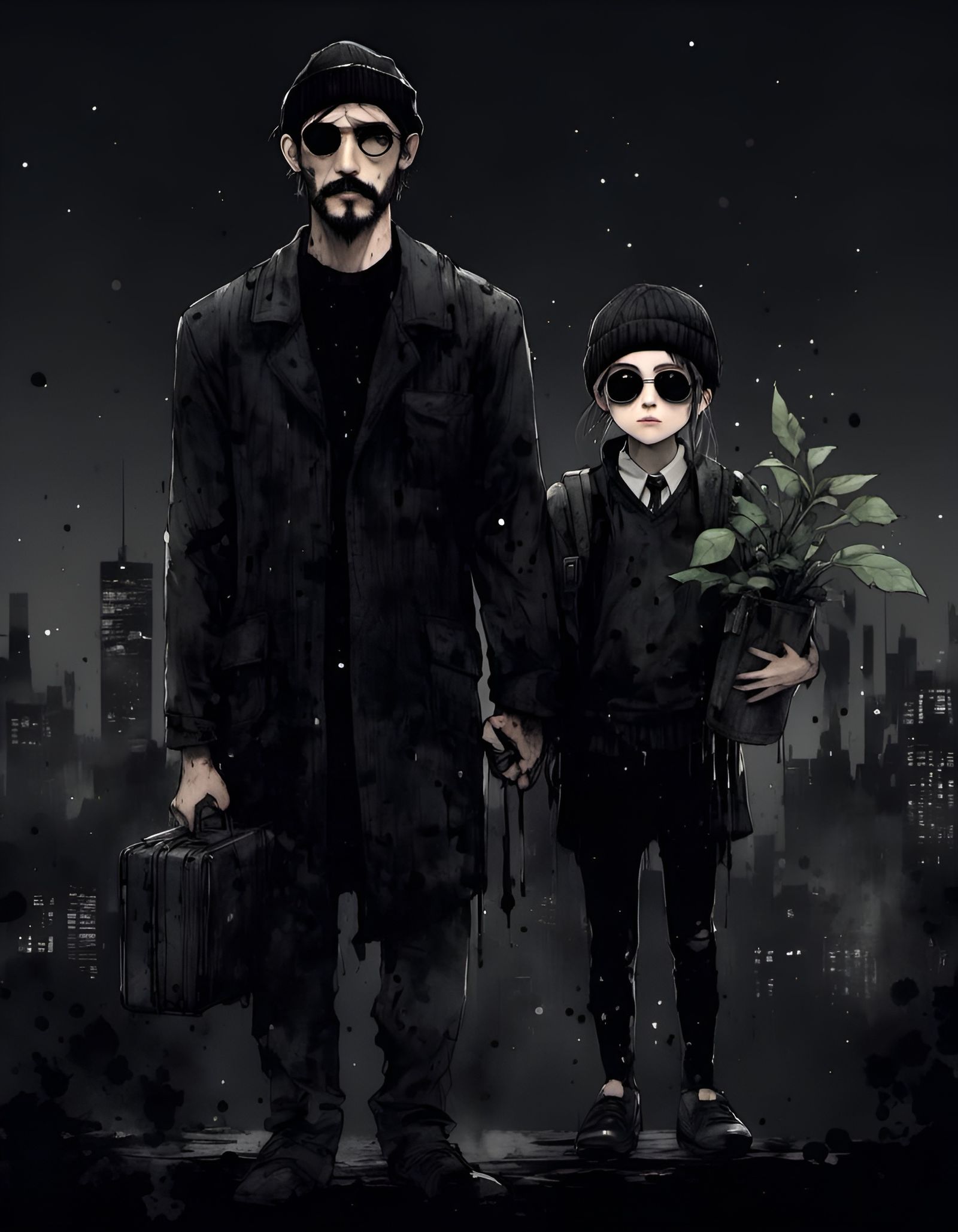 Leon and Matilda Portrait in Ink Drawing Style