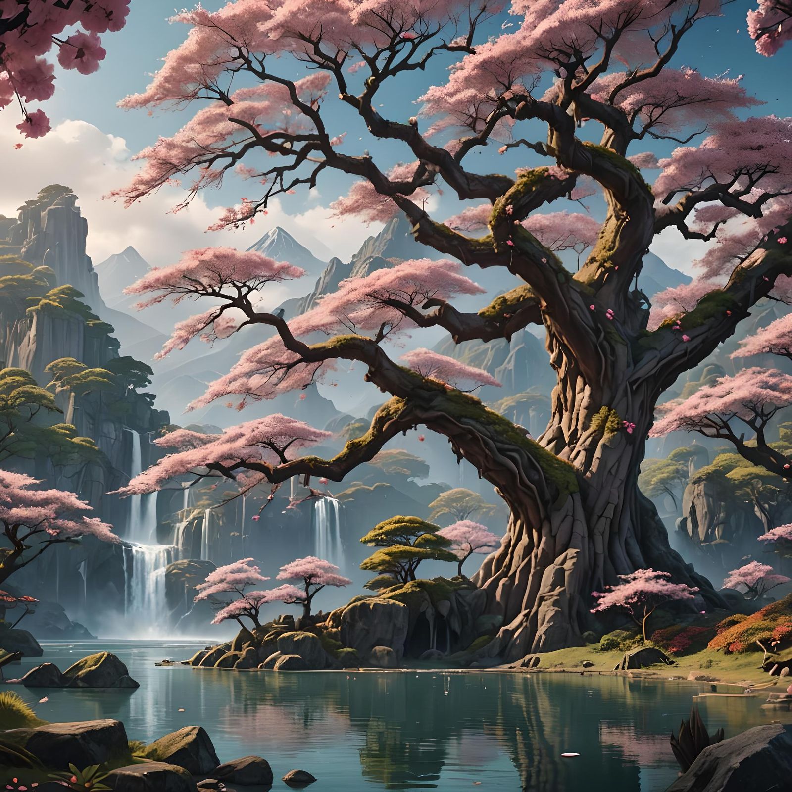 Sakura Tree in Savannah: Matte Painting in Deep Color