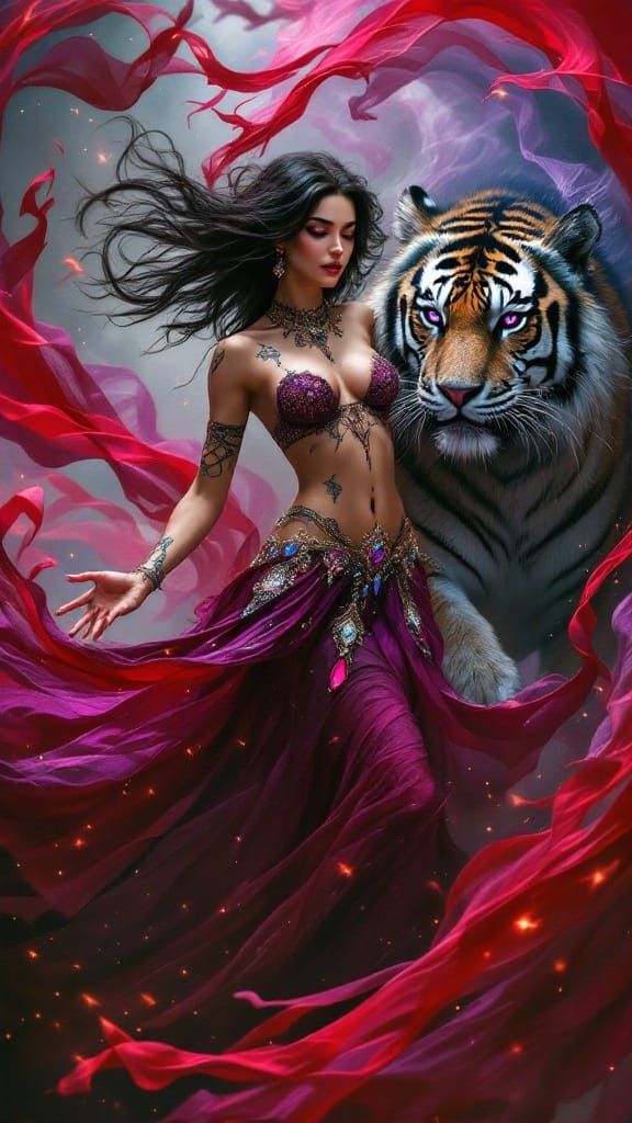 Mystical Belly Dancer in Whirlwind of Silk and Gemstones