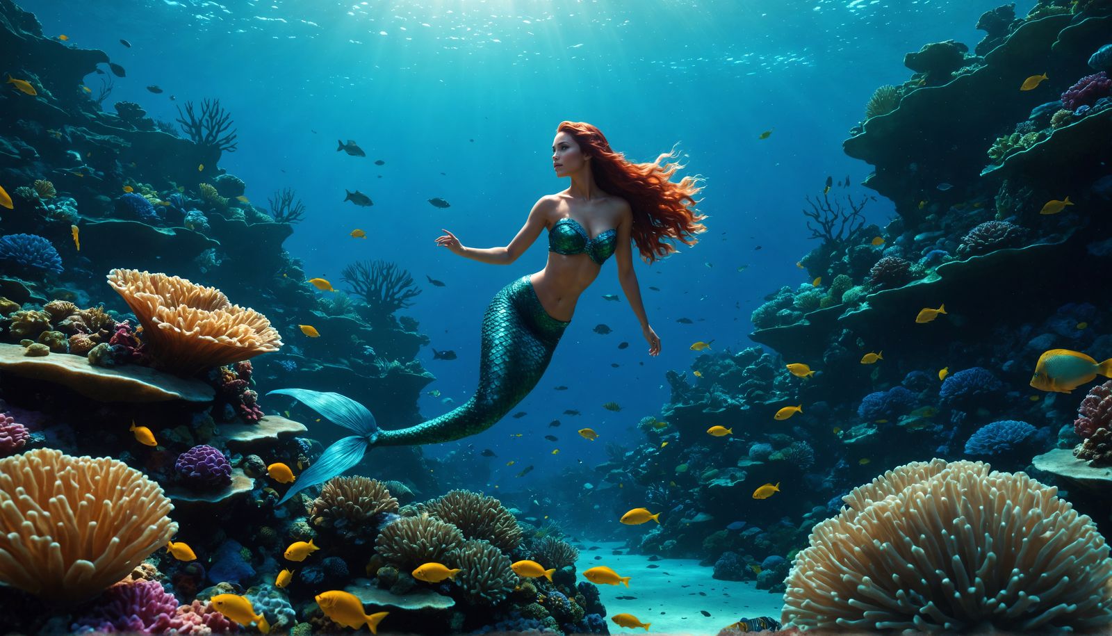 Cinematic Underwater Mermaid Scene with Glowing Fish