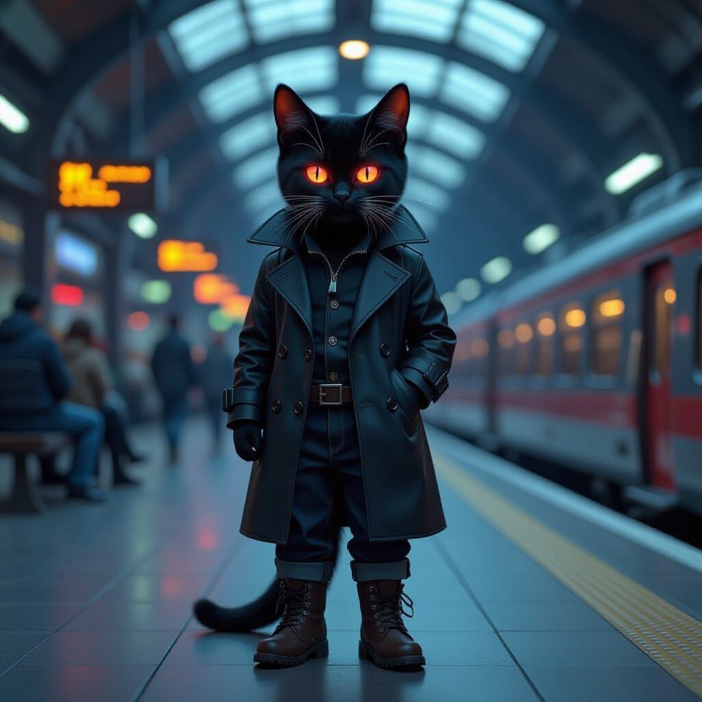 Anthropomorphic Bombay Kitten on Train Platform