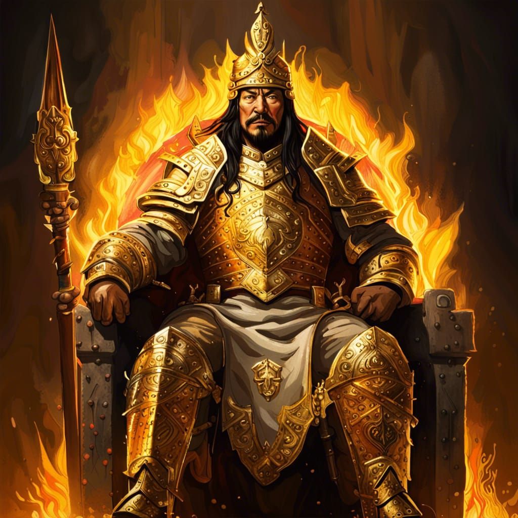Genghis Khan in Golden Armor: Hyperrealistic Portrait