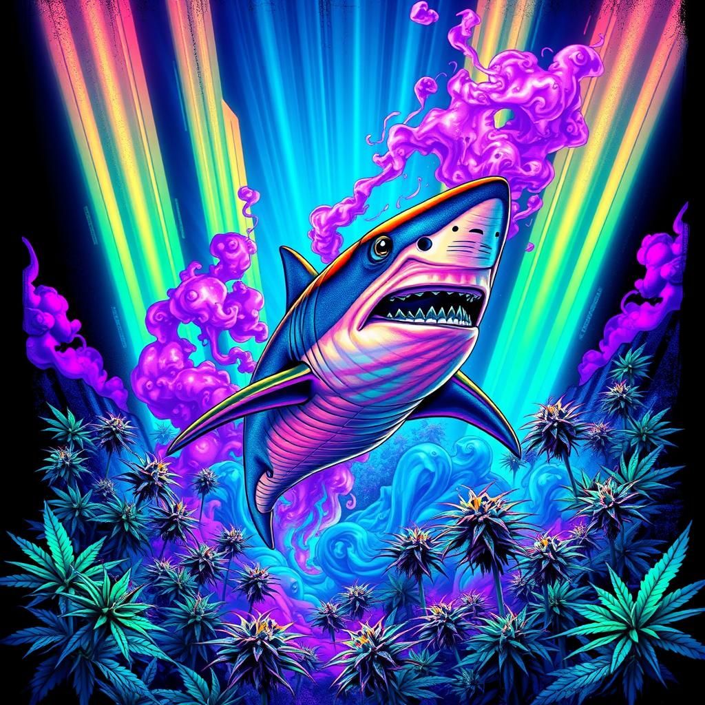 Neon Shark Emerges from Psychedelic Vortex