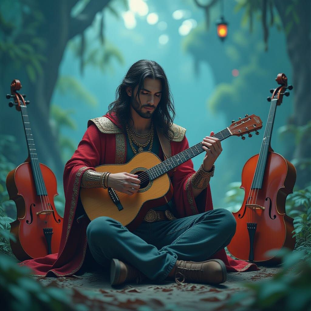 Music Enthusiast Surrounded by Instruments: Fantasy Art