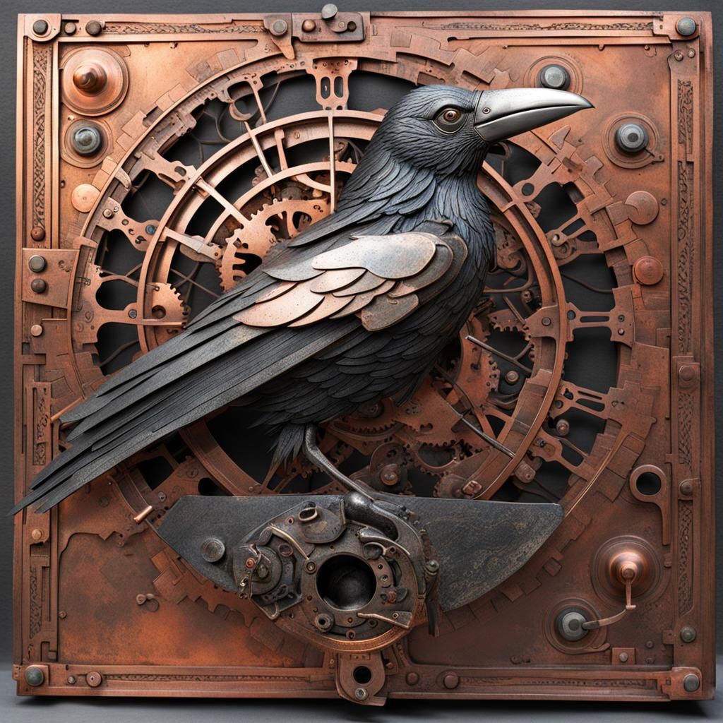 Antique Steel and Copper Mechanical Raven