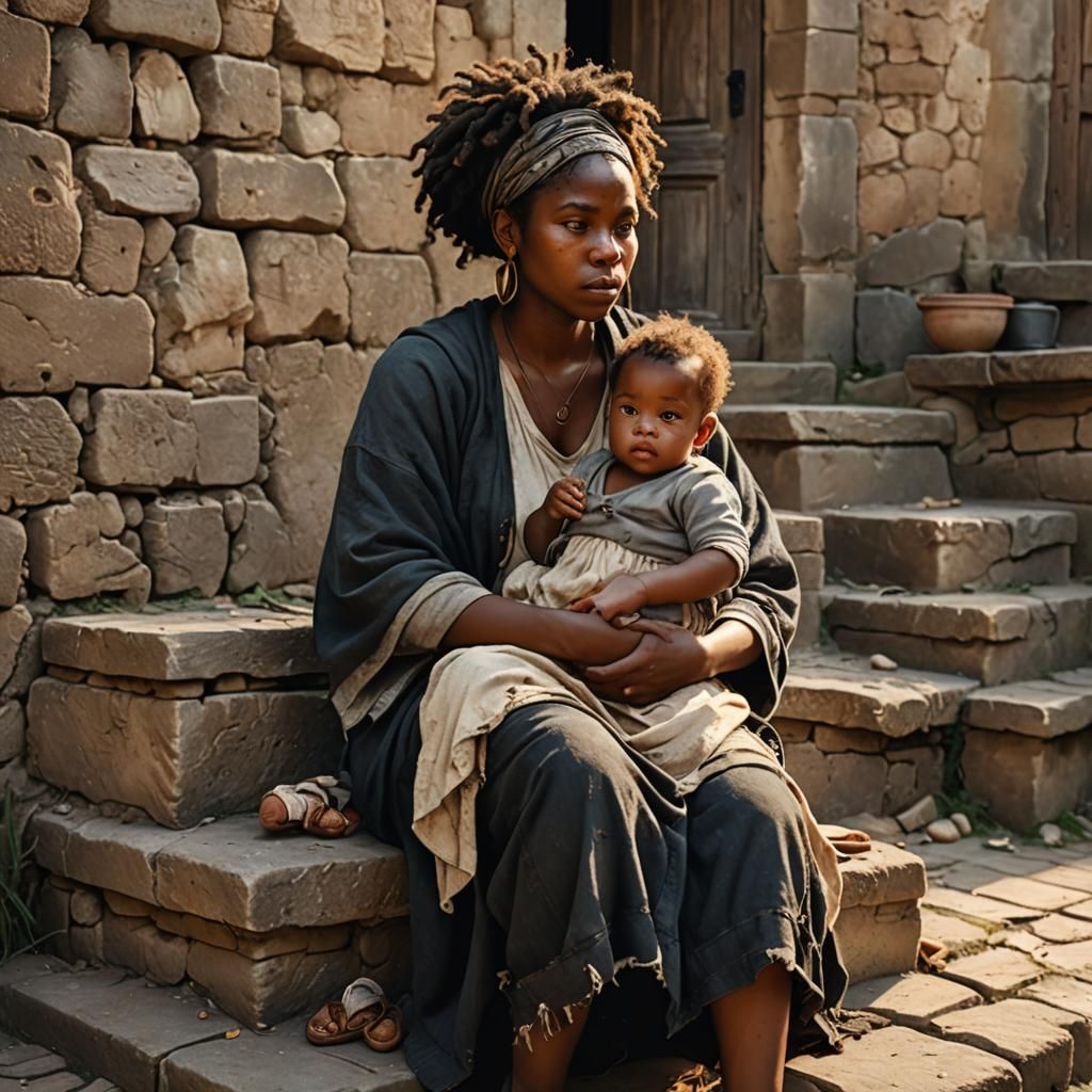 Hyper-Realistic 3D Art of Black Mother Nursing Twins in Anci...