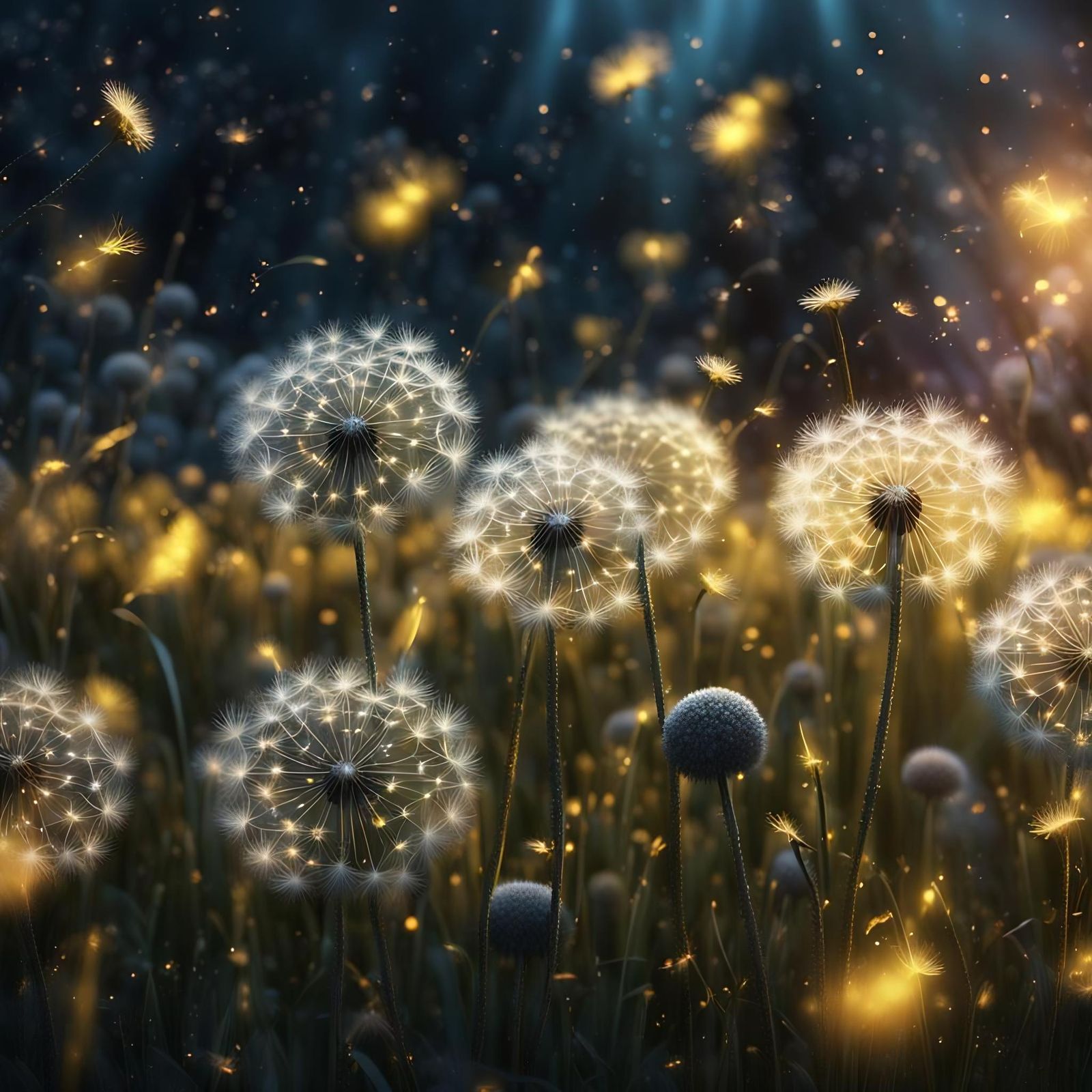 Glittery Dandelions Dancing in Mysterious Light