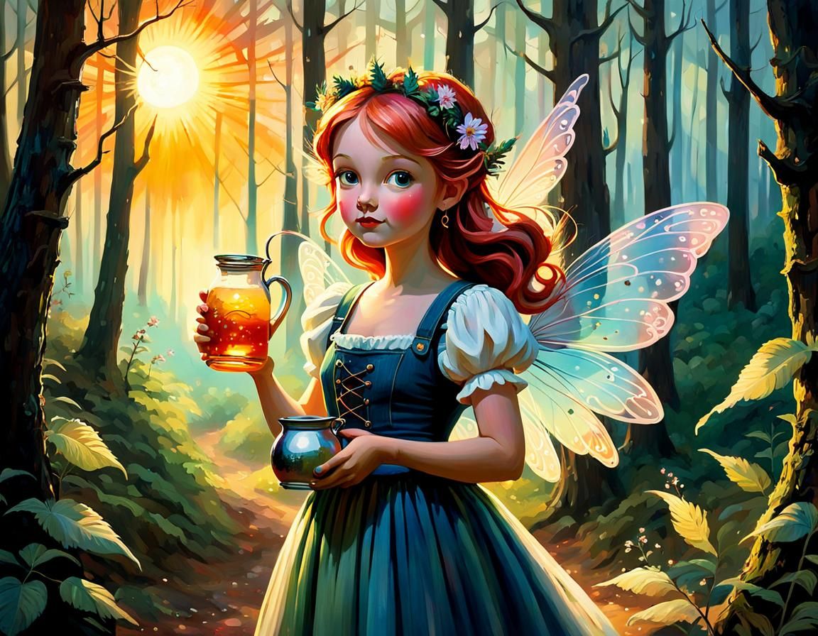 Hillbilly Fairy in Forest, Impressionist Folk Art