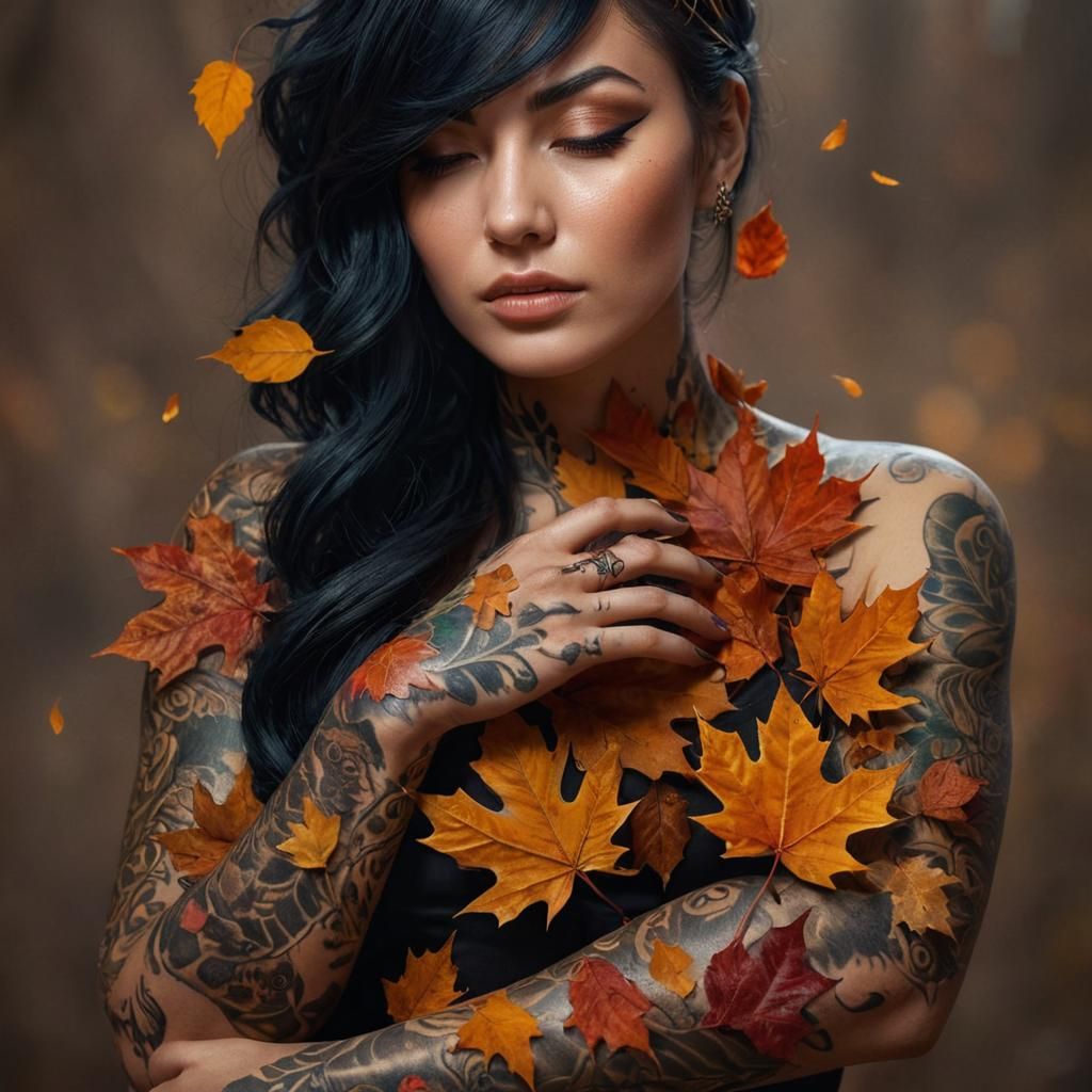 Mesmerizing beautiful badass powerful girl being Surrounded autumn_leaf, skin covered in autumn_leaf tattoos, SLEEPING  ...