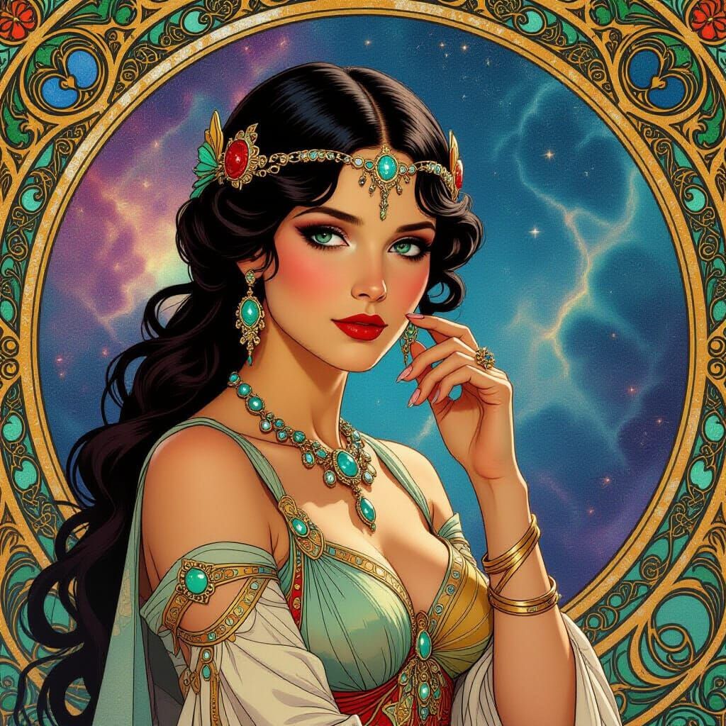 Futuristic Woman with Nebula Backdrop in Art Nouveau Style