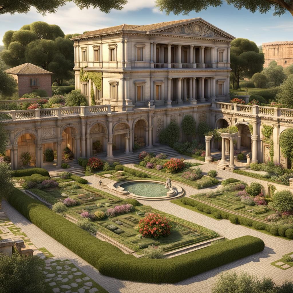 Ancient Roman home, wealthy appointments, flower, gardens, e...