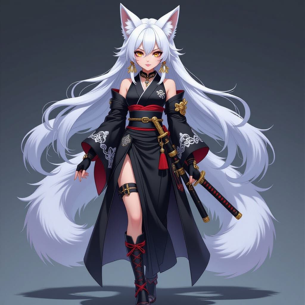 Anime Admiral with Kitsune Ears in Cyberpunk Fantasy Style