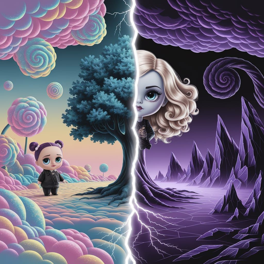 Dual Nature Tree: Pastel Whimsy vs. Ominous Gloom