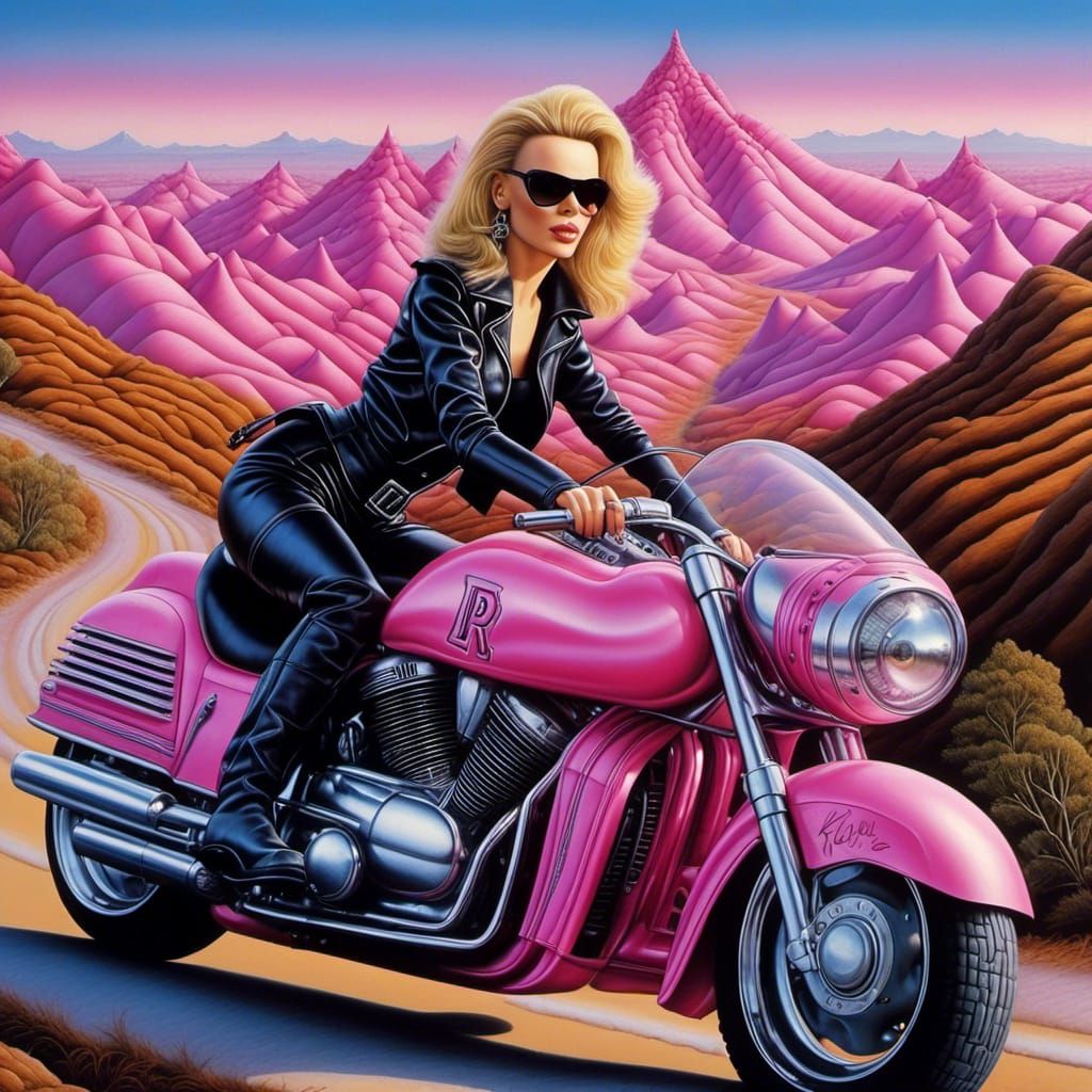 Kylie Minogue driving a motorcycle