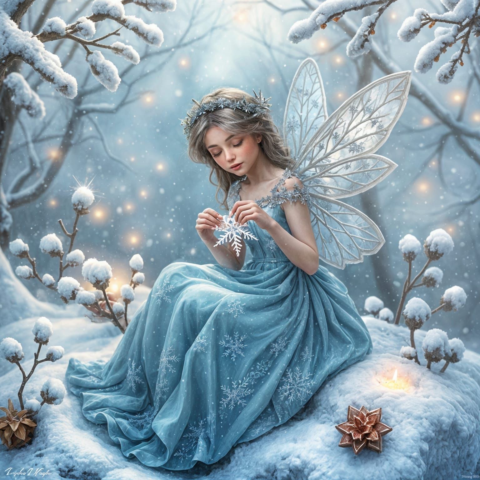 Winter Fairy Crafts a Snowflake in Whimsical Fantasy Style