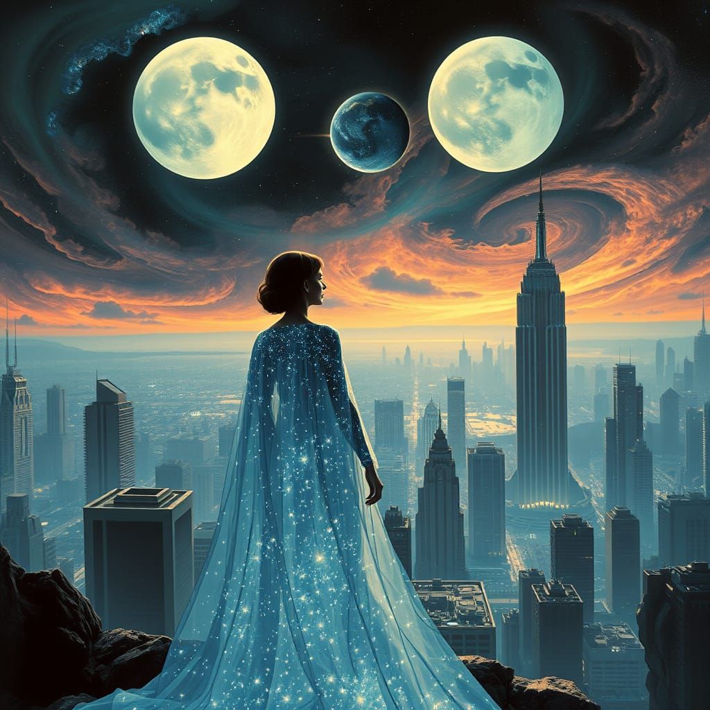 Woman in Starlight Gown Views Retro-Futuristic Cityscape