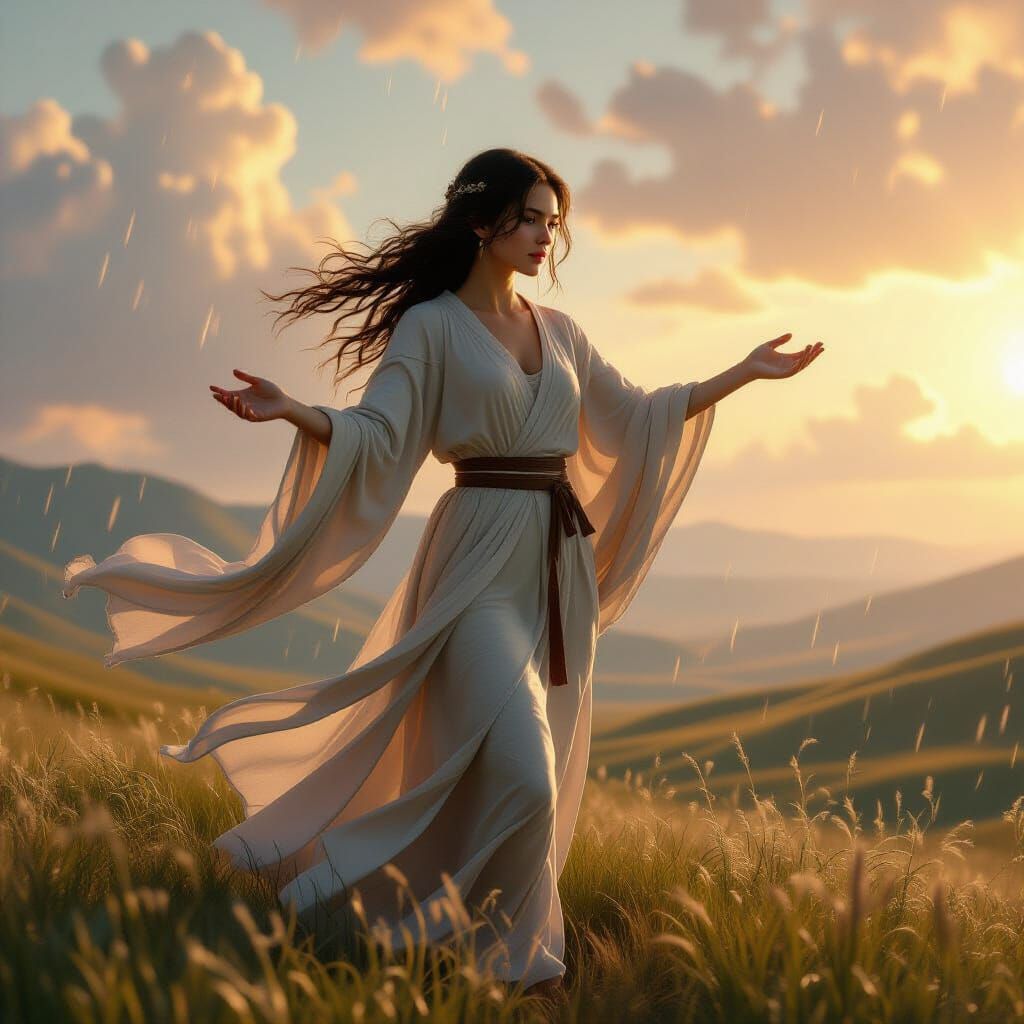 Elemental Woman in Serene Landscape, Hyperrealistic 8k