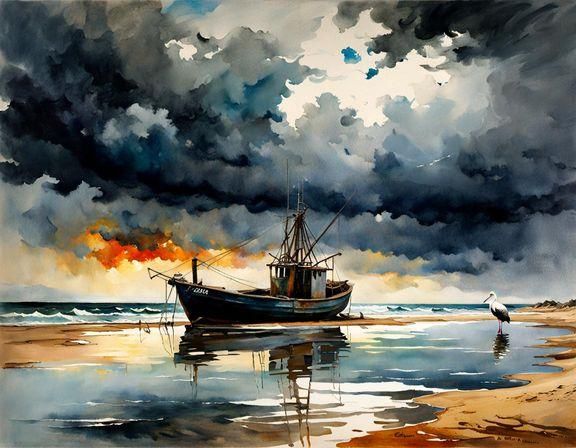 Desert Beach Fishing Boat in Watercolor Style