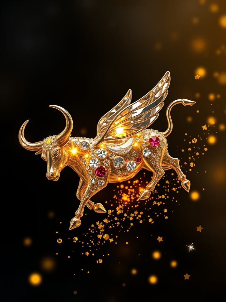 Molten Silver Bull Brooch with Crystal and Fireflies