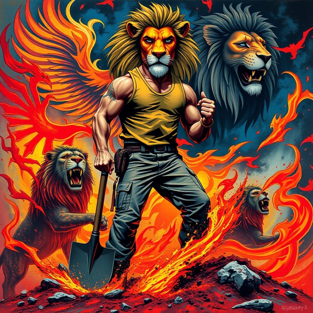 Lion Tamer Digging in Fiery, Polychromatic Street Art