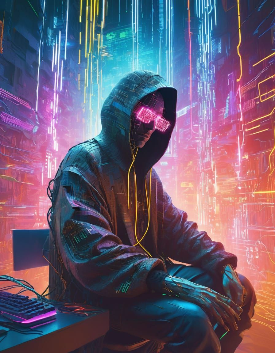 Cyberpunk Hacker in Neon Cascade: Glitch Art Portrait