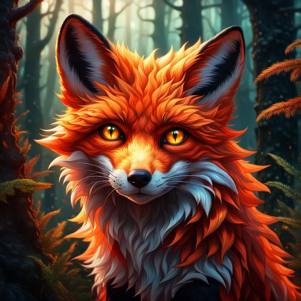 Mystical Flame Fox Portrait in Hyperrealism