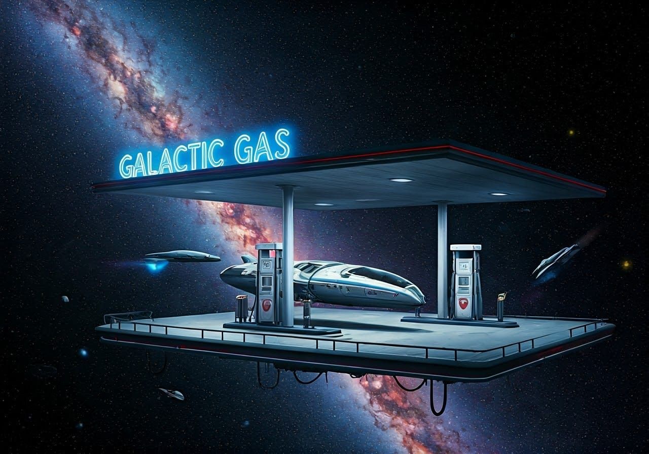 Futuristic Gas Station in Space with Alien Spaceships
