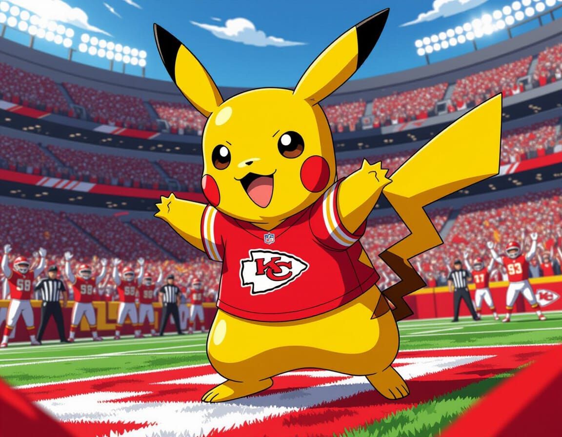 Pikachu in Chiefs Jersey, Epic Anime Pose