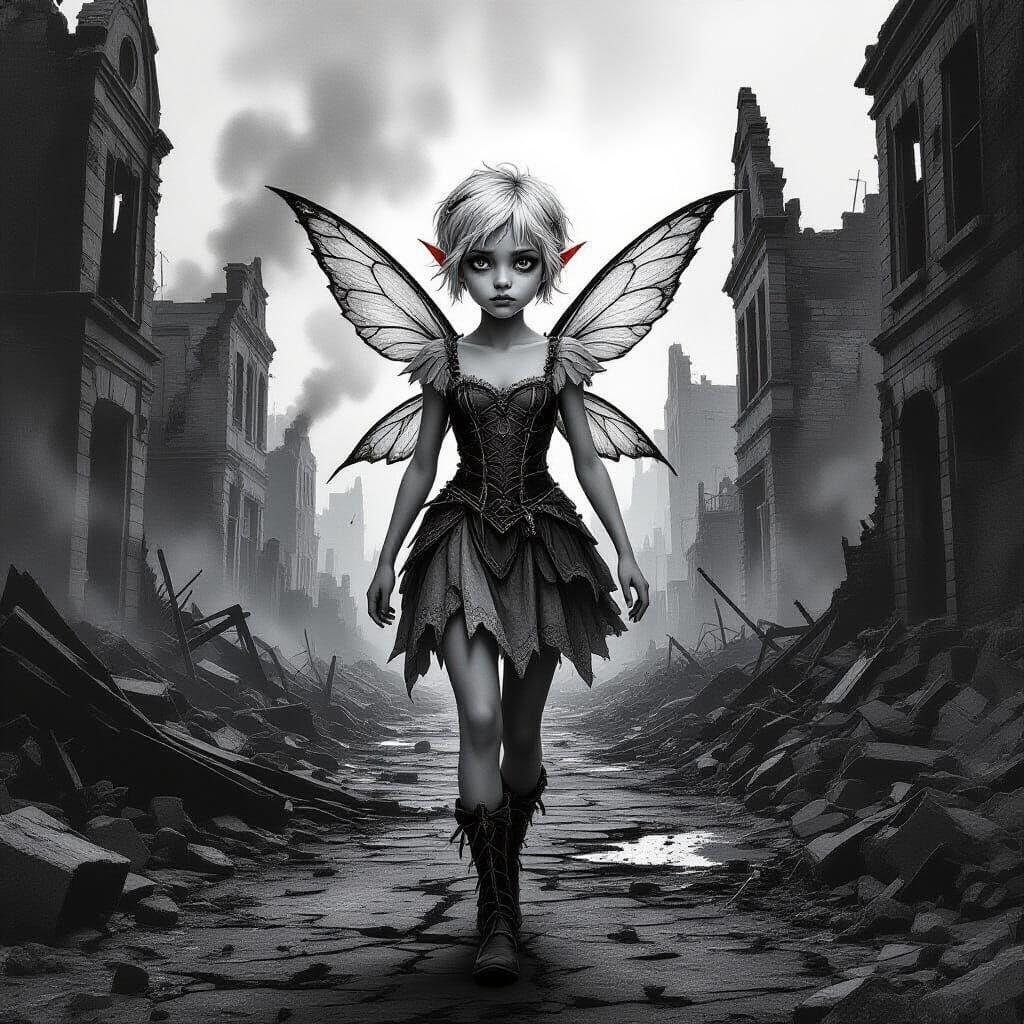 Young Fairy in Ruined City, Grayscale Etched Illustration St...